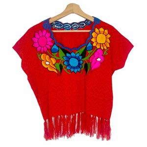 NWOT Mexican Huipil Rebozo Cropped Top Blouse Fringed Red One Size